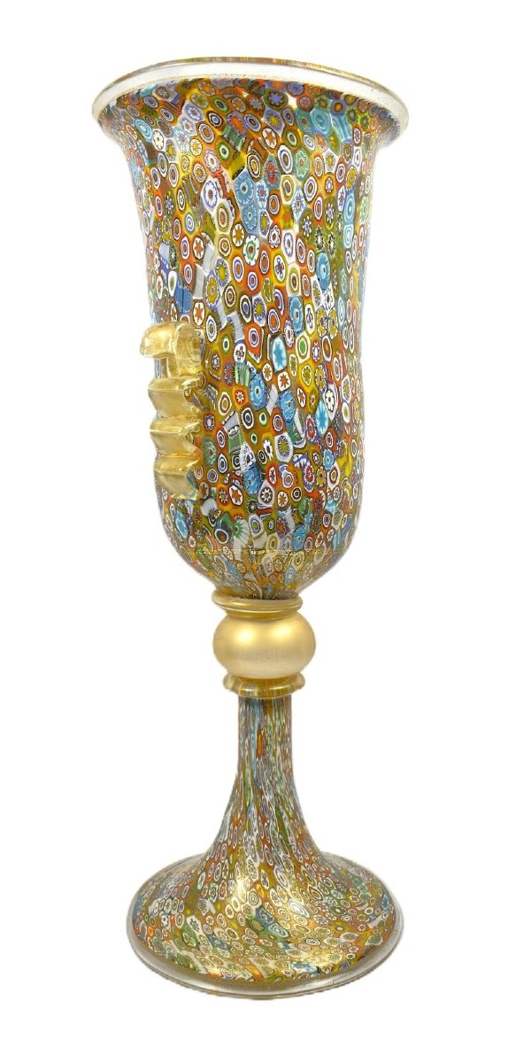 Authentic Murano Millefiori Glass Chalice Urn Vase 24k Gold 022 Label-photo-3