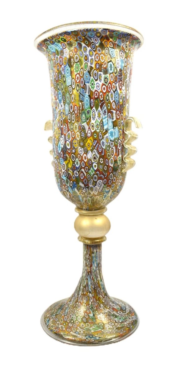 Authentic Murano Millefiori Glass Chalice Urn Vase 24k Gold 022 Label-photo-4