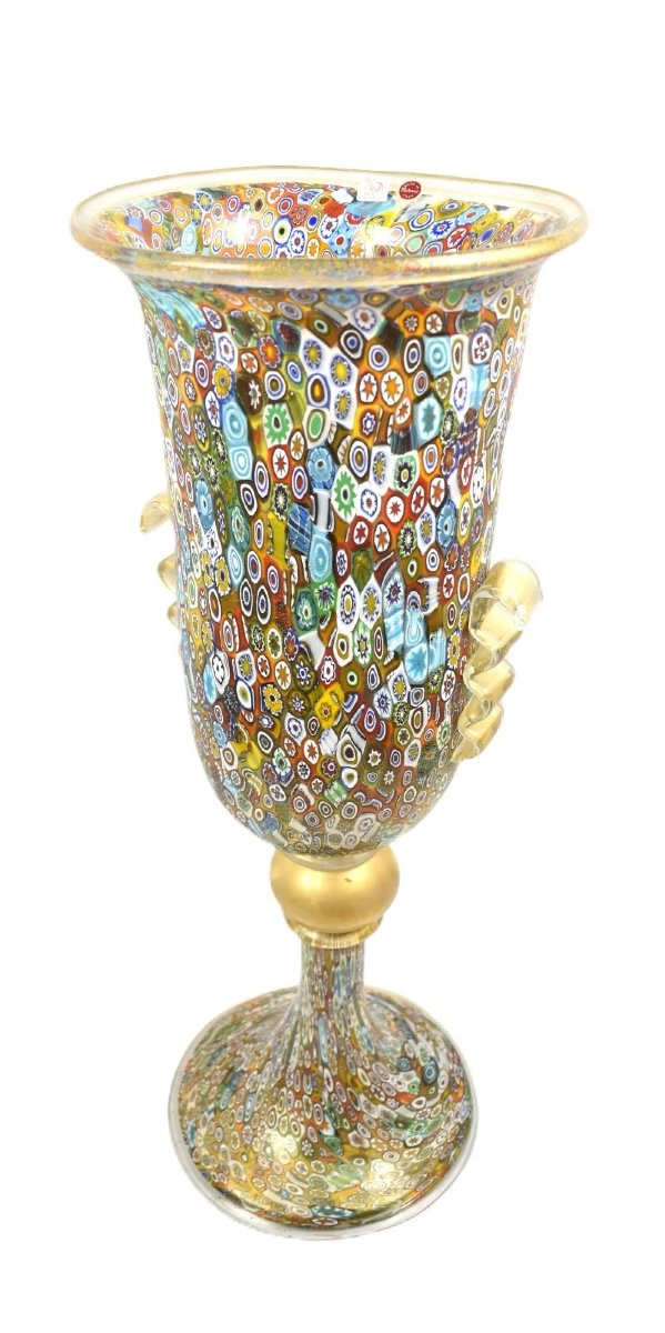 Authentic Murano Millefiori Glass Chalice Urn Vase 24k Gold 022 Label-photo-1