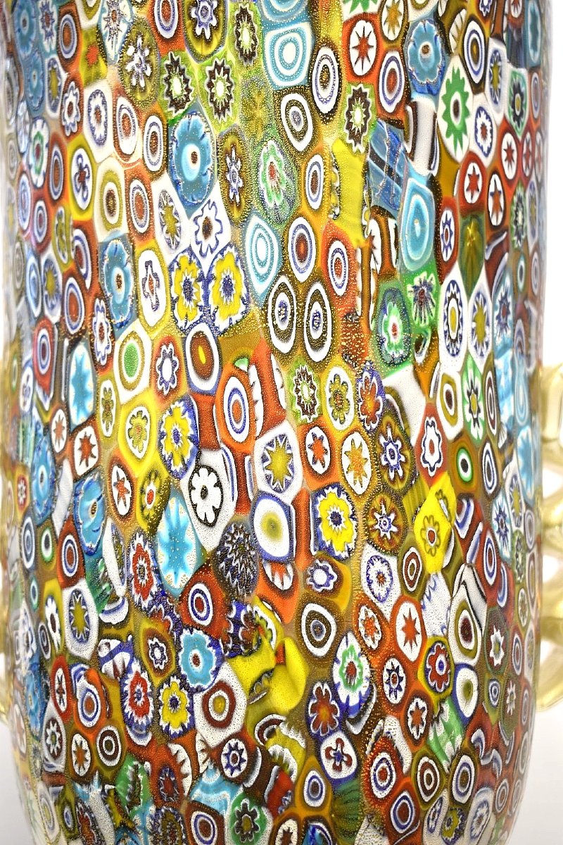 Authentic Murano Millefiori Glass Chalice Urn Vase 24k Gold 022 Label-photo-2