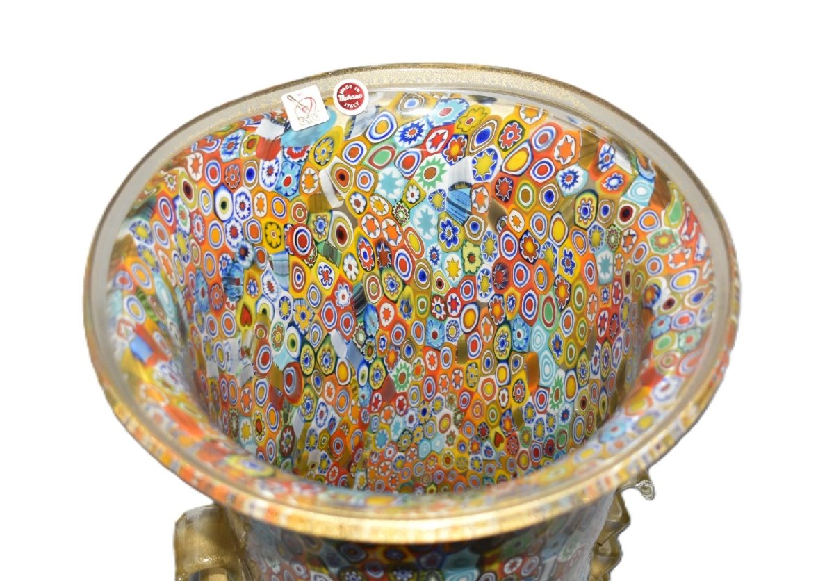 Authentic Murano Millefiori Glass Chalice Urn Vase 24k Gold 022 Label-photo-3