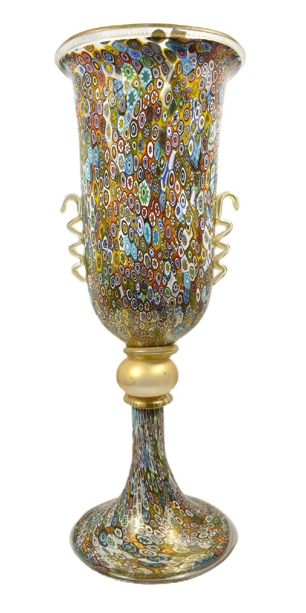 Authentic Murano Millefiori Glass Chalice Urn Vase 24k Gold 022 Label