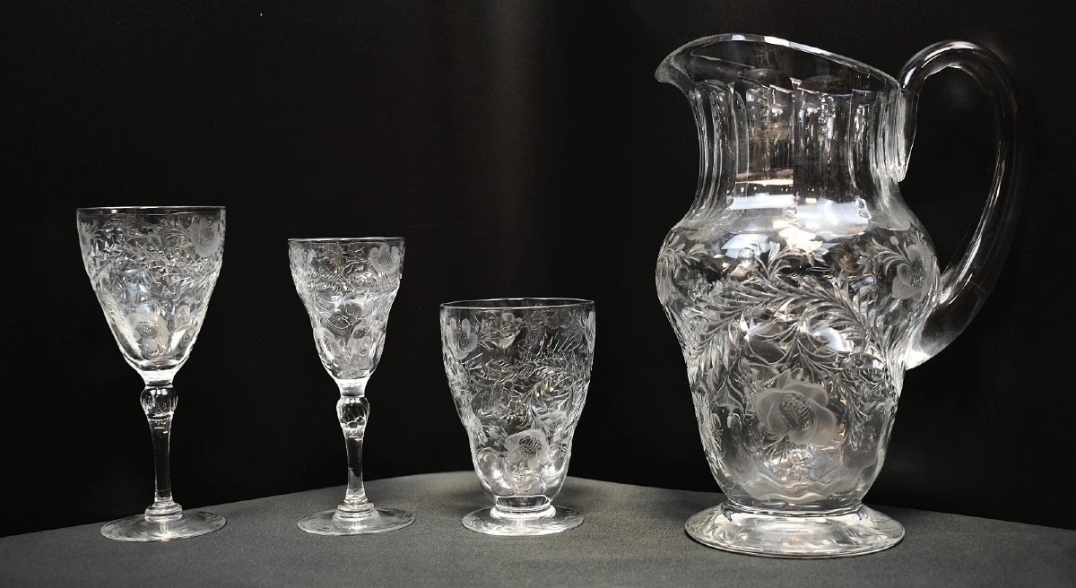 Webb Corbett Rock Crystal 19pc Intaglio Glass Drinking Service Pitcher & Glasses