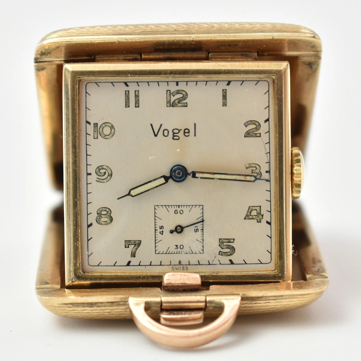 Vintage 375 Gold 1950s Vogel Swiss Travel Fob Purse Watch 17 Jewels