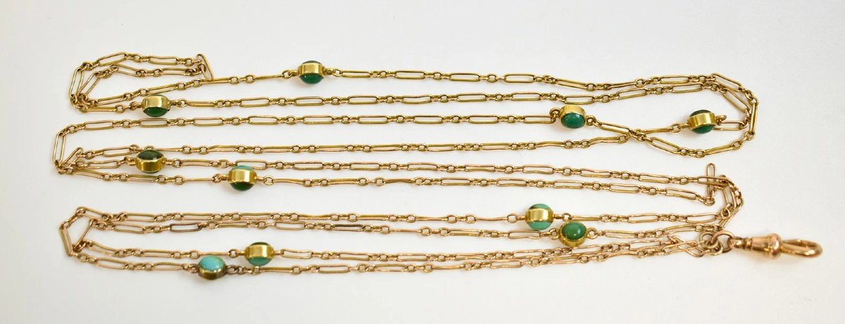 Chaîne de trombone victorienne ancienne en or 15 carats, très longue, 78 cm, turquoise-photo-2