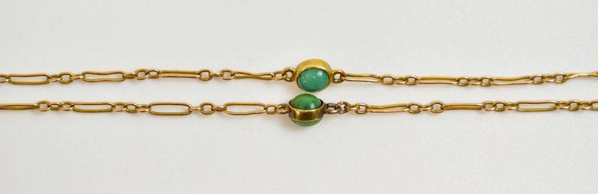 Chaîne de trombone victorienne ancienne en or 15 carats, très longue, 78 cm, turquoise-photo-3