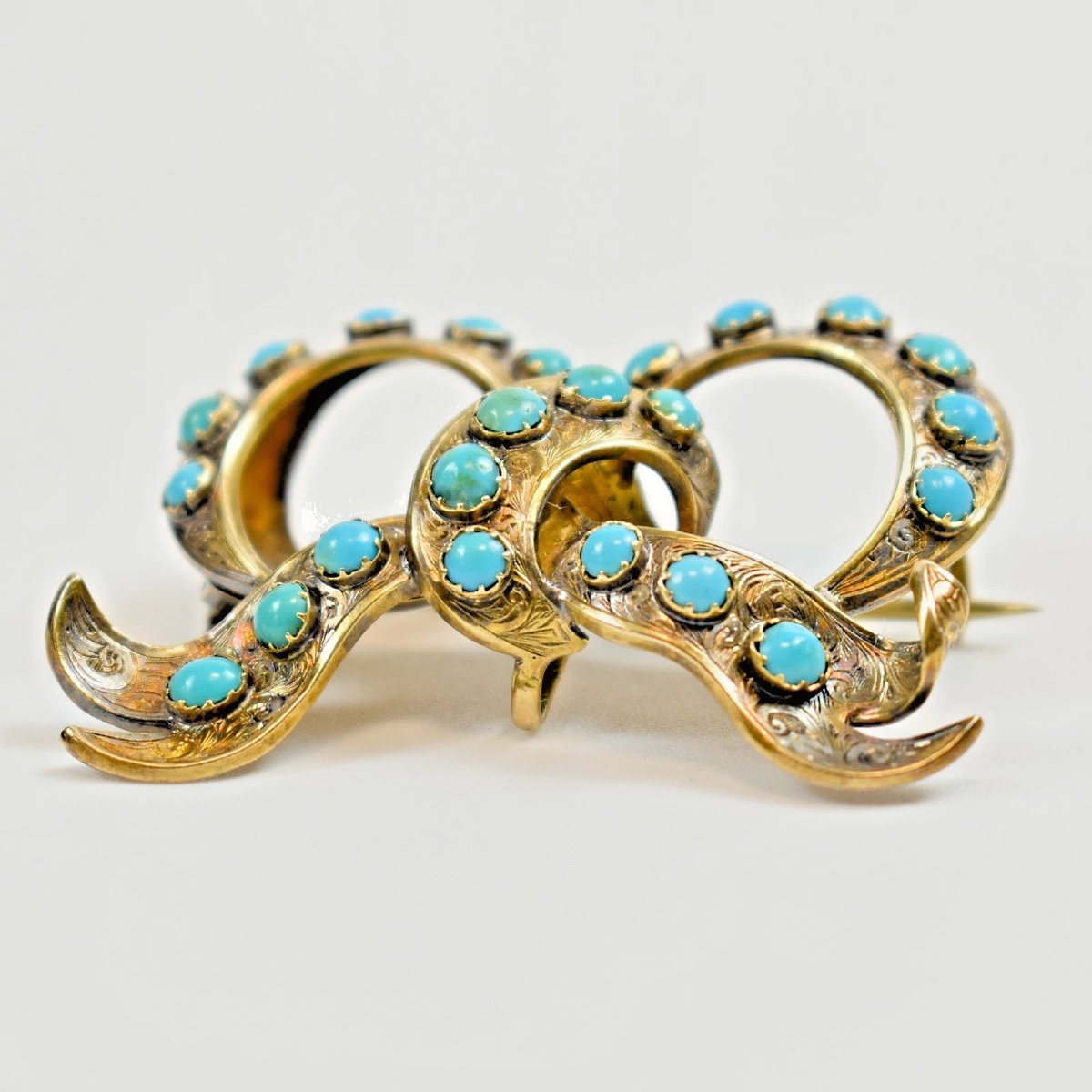 Antique Victorian Ornately Engraved 15ct Gold Turquoise Lover's Knot Brooch-photo-3