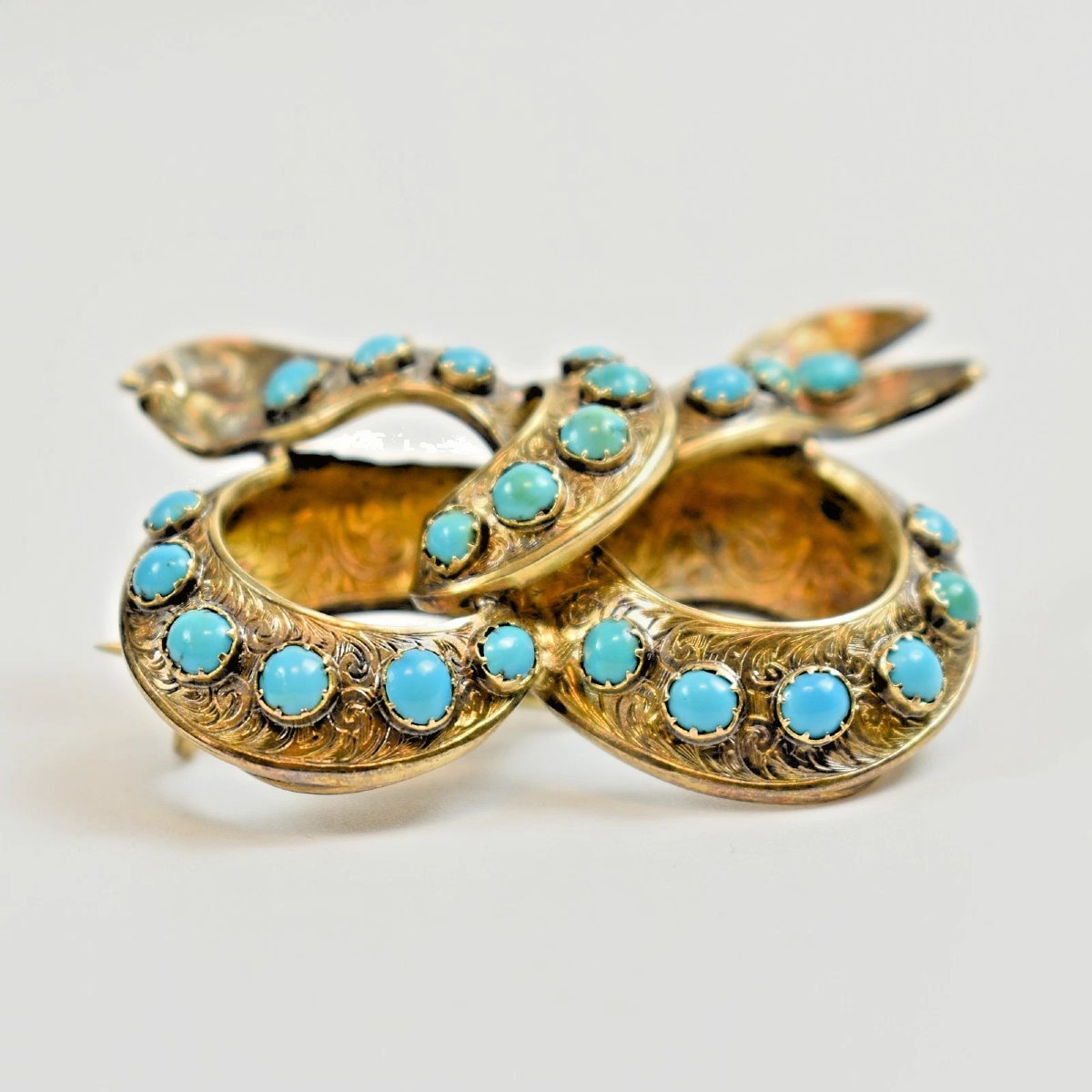 Antique Victorian Ornately Engraved 15ct Gold Turquoise Lover's Knot Brooch-photo-4