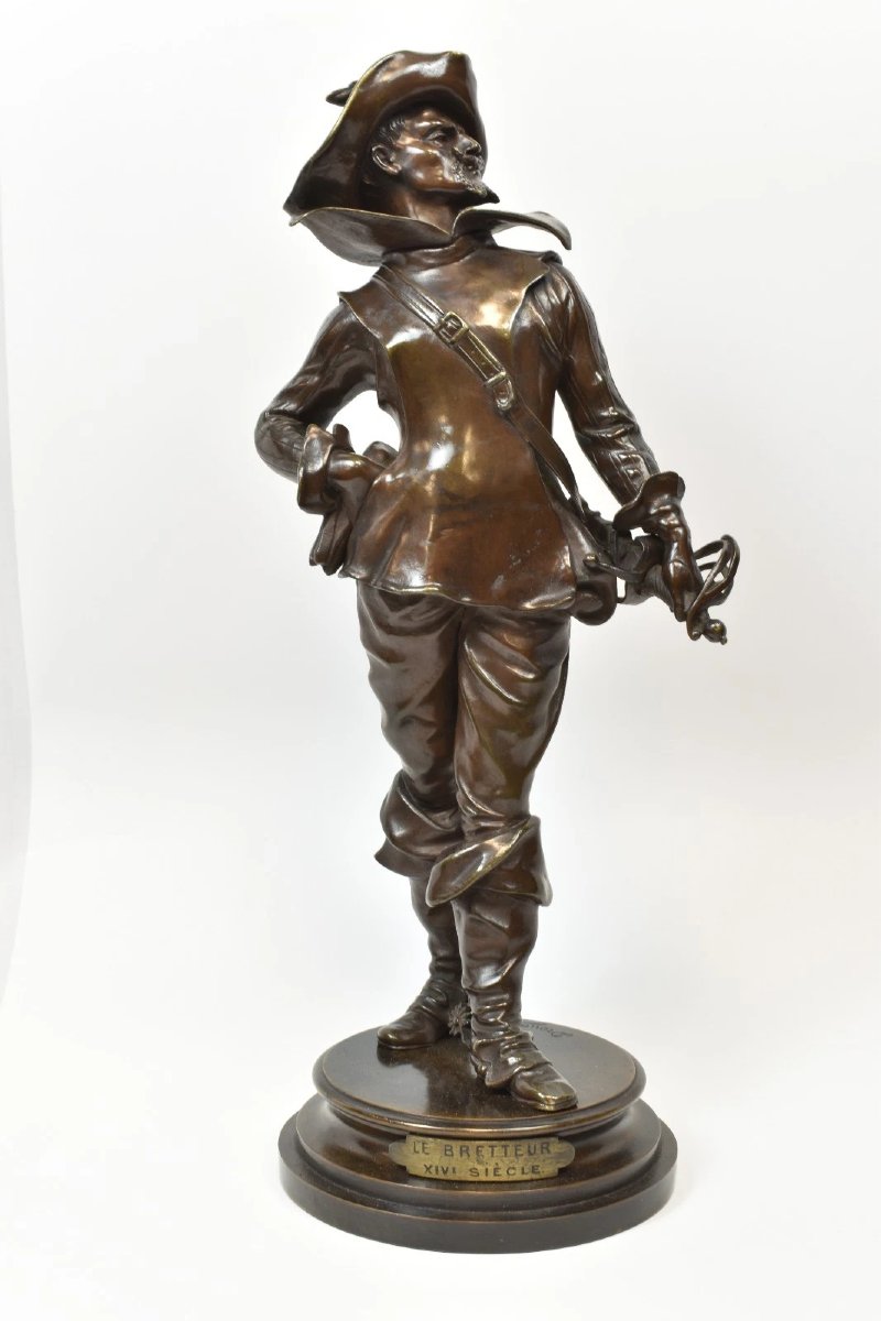 Antique French Edouard Drouot Bronze Statue Sculpture 'le Bretteur' Musketeer-photo-3
