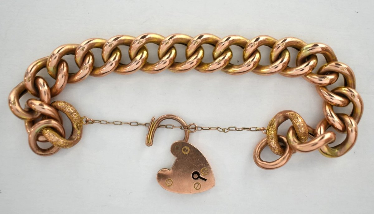 9ct Rose Gold Hollow Engraved Curb Bracelet Heart Padlock - 22.9g-photo-4