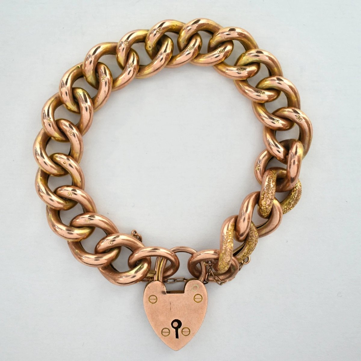 9ct Rose Gold Hollow Engraved Curb Bracelet Heart Padlock - 22.9g-photo-3