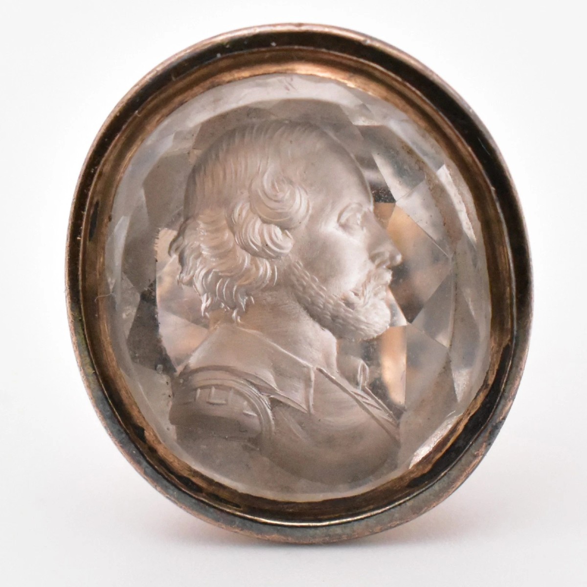 Bague ancienne géorgienne à sceau gravé William Shakespeare en cristal de roche