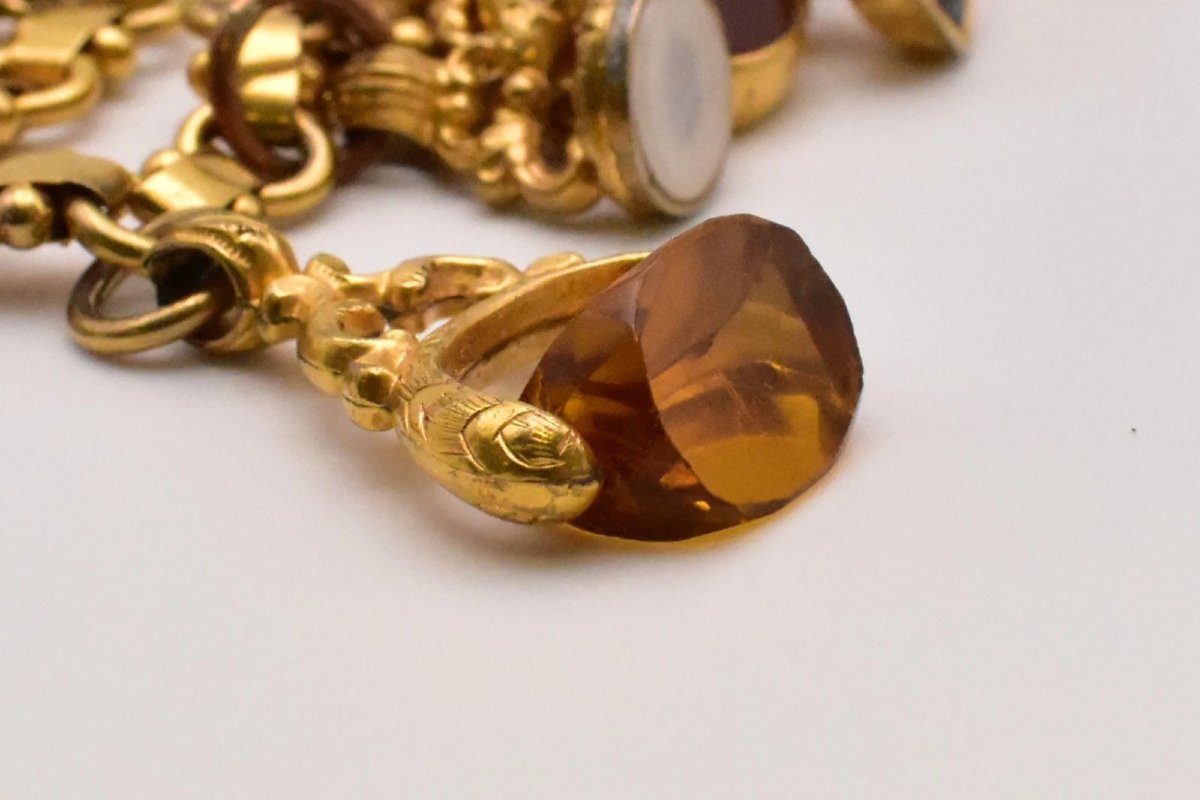 Antique Victorian 9ct-15ct Gold Charm Bracelet 15 Fob Seals Carnelian Bloodstone-photo-3
