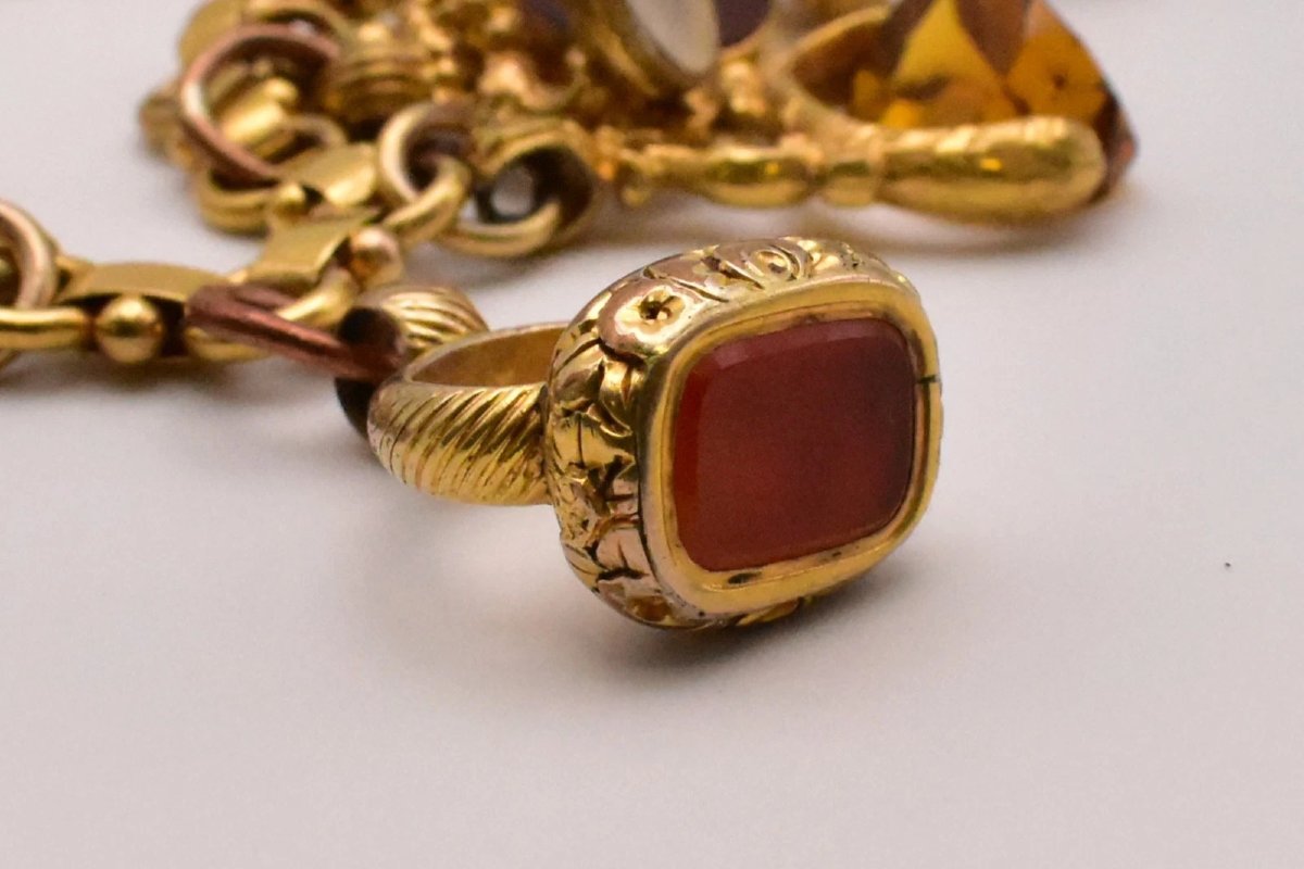 Antique Victorian 9ct-15ct Gold Charm Bracelet 15 Fob Seals Carnelian Bloodstone-photo-4