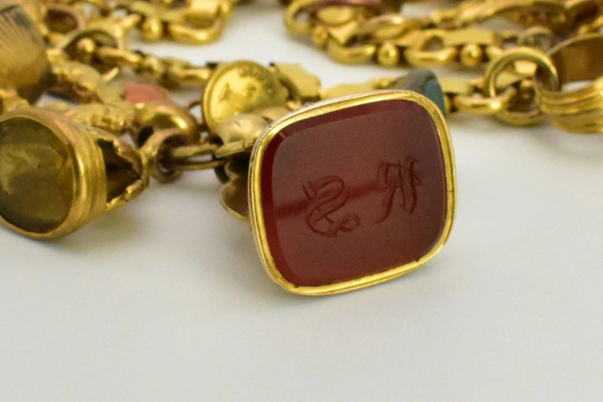 Antique Victorian 9ct-15ct Gold Charm Bracelet 15 Fob Seals Carnelian Bloodstone-photo-3