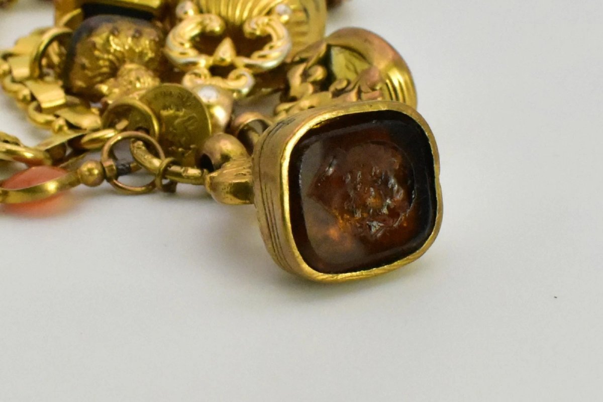 Antique Victorian 9ct-15ct Gold Charm Bracelet 15 Fob Seals Carnelian Bloodstone-photo-5