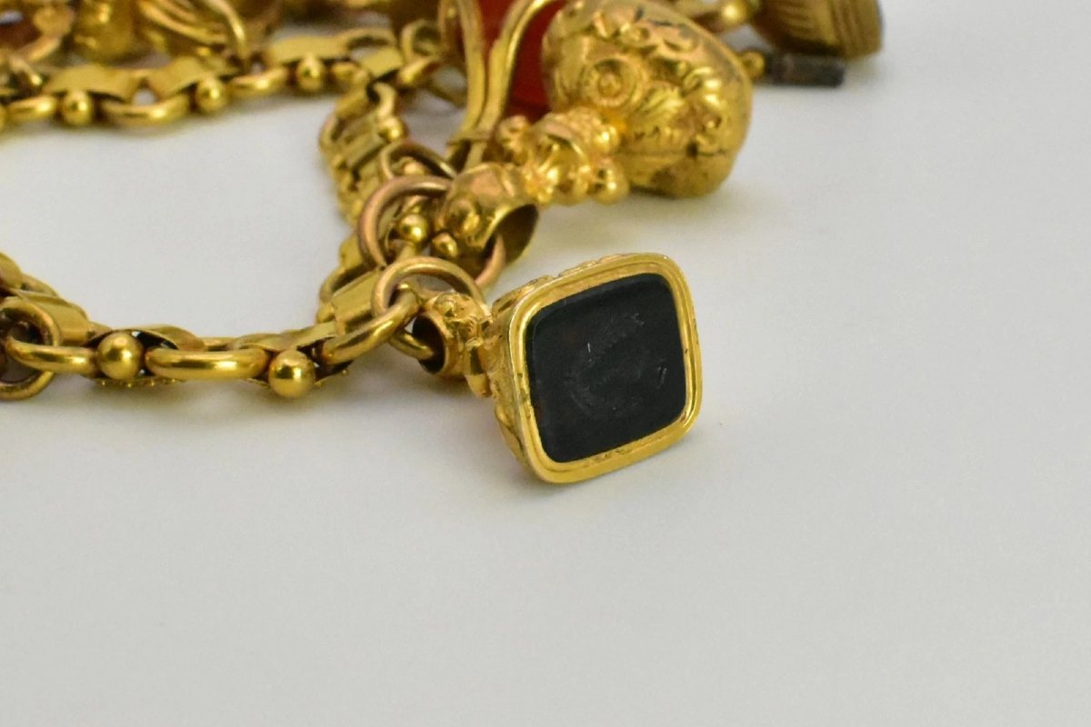 Antique Victorian 9ct-15ct Gold Charm Bracelet 15 Fob Seals Carnelian Bloodstone-photo-6