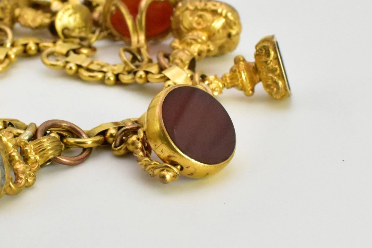 Antique Victorian 9ct-15ct Gold Charm Bracelet 15 Fob Seals Carnelian Bloodstone-photo-7