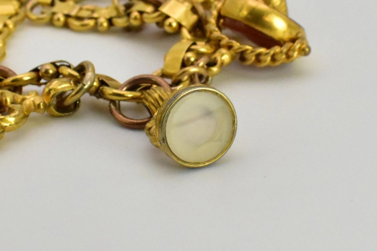 Antique Victorian 9ct-15ct Gold Charm Bracelet 15 Fob Seals Carnelian Bloodstone-photo-8