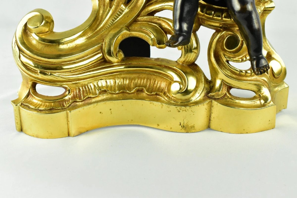 Pair Of French 19th-century Louis XV-style Gilt And Patinated Bronze Chenets-photo-6