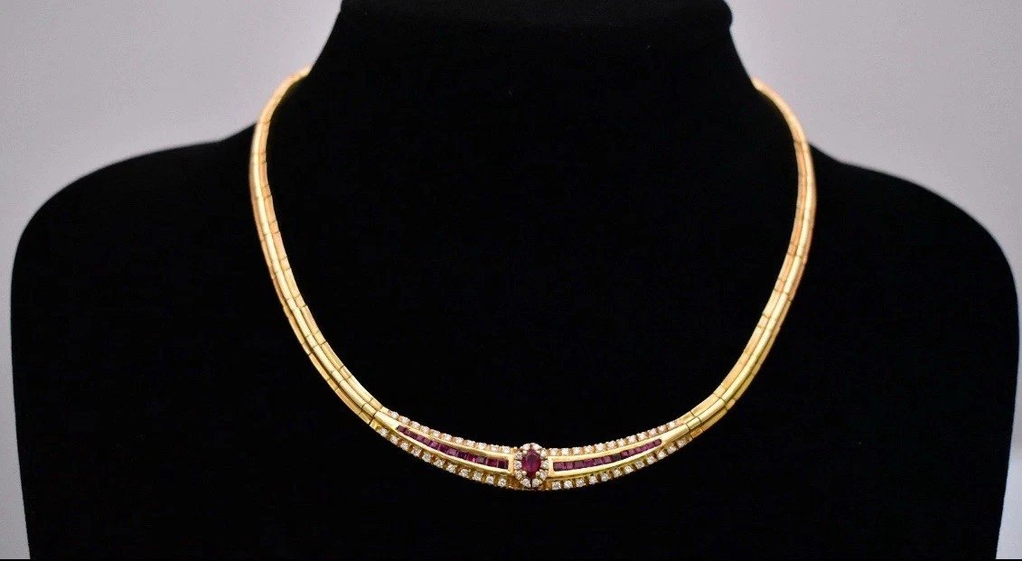 A Greek Vintage 18ct Yellow Gold 1ct Ruby & 1.68ct Diamond Necklace-photo-6