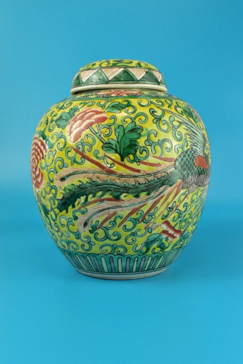 Pot à gingembre ancien chinois Qing Famille Jaune Wucai en porcelaine jaune Phoenix-photo-4