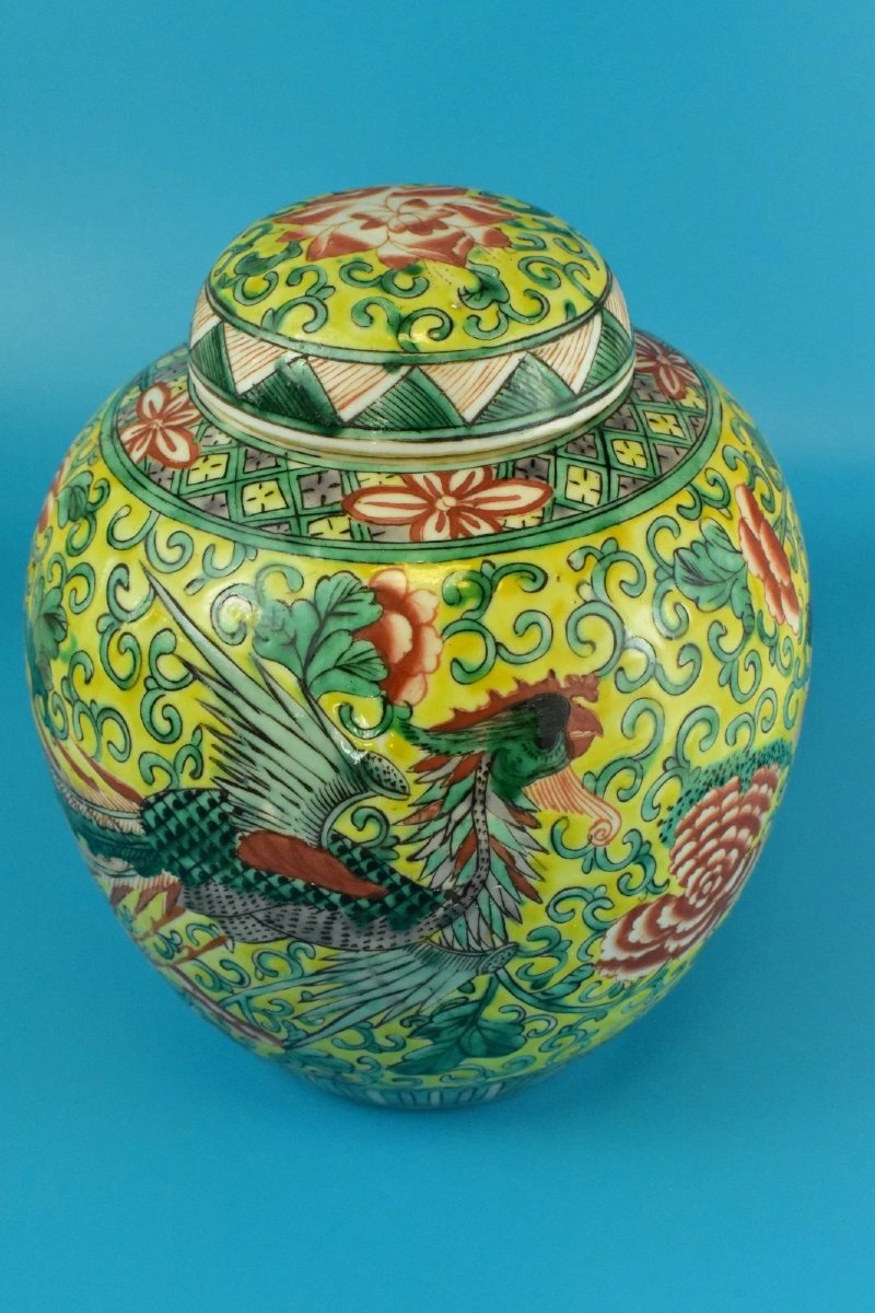 Pot à gingembre ancien chinois Qing Famille Jaune Wucai en porcelaine jaune Phoenix-photo-2