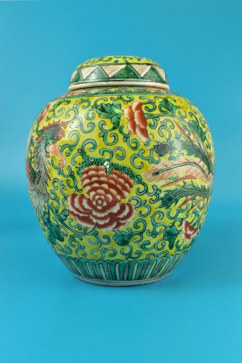 Pot à gingembre ancien chinois Qing Famille Jaune Wucai en porcelaine jaune Phoenix-photo-7
