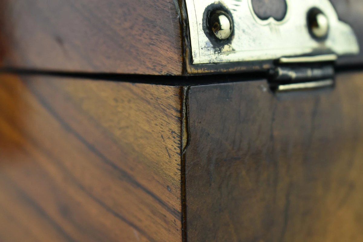 Antique Victorian Burr Walnut Brass Mounted Tea Caddy Box C1860-photo-3