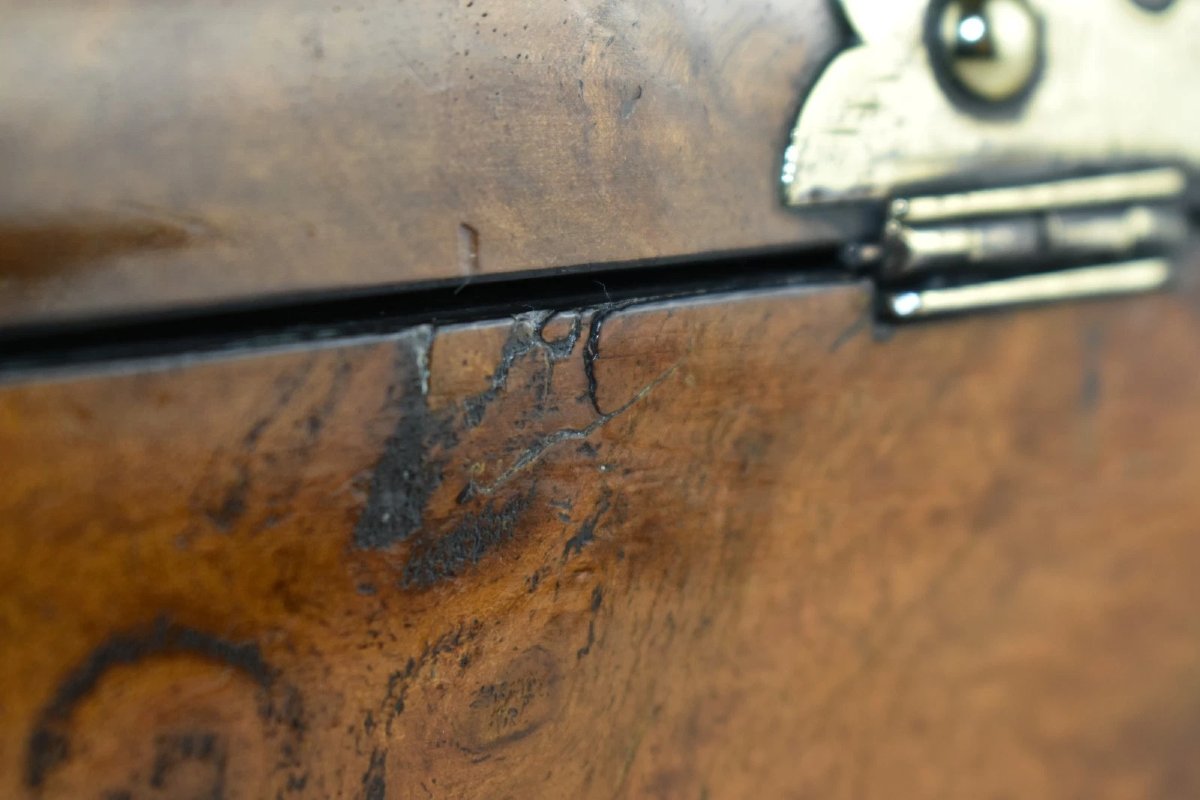 Antique Victorian Burr Walnut Brass Mounted Tea Caddy Box C1860-photo-6