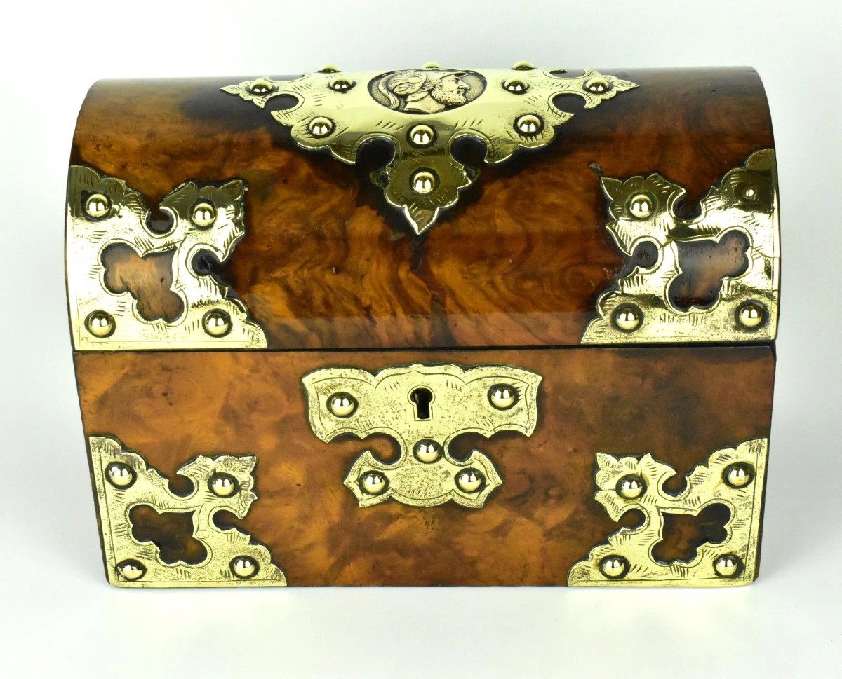 Antique Victorian Burr Walnut Brass Mounted Tea Caddy Box C1860