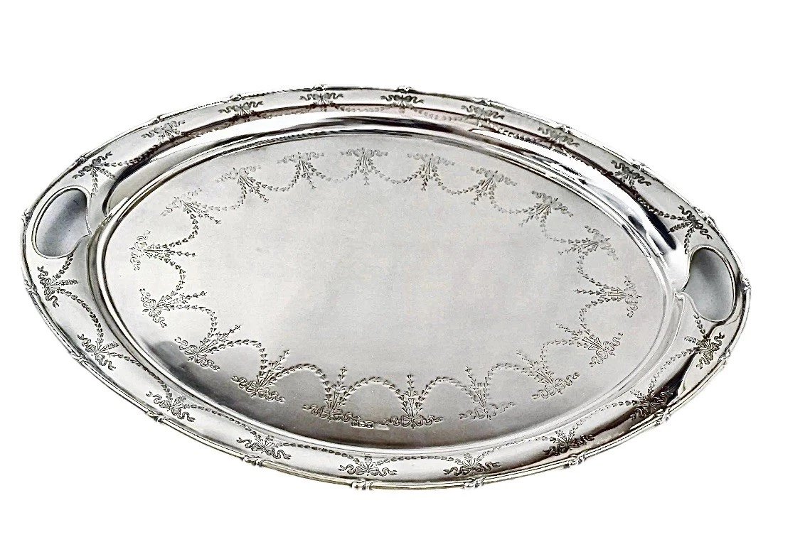 A Large Antique Engraved Sterling Silver Oval Tray Harrison Bros Sheffield 1912-photo-2