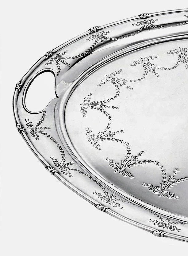 A Large Antique Engraved Sterling Silver Oval Tray Harrison Bros Sheffield 1912-photo-3