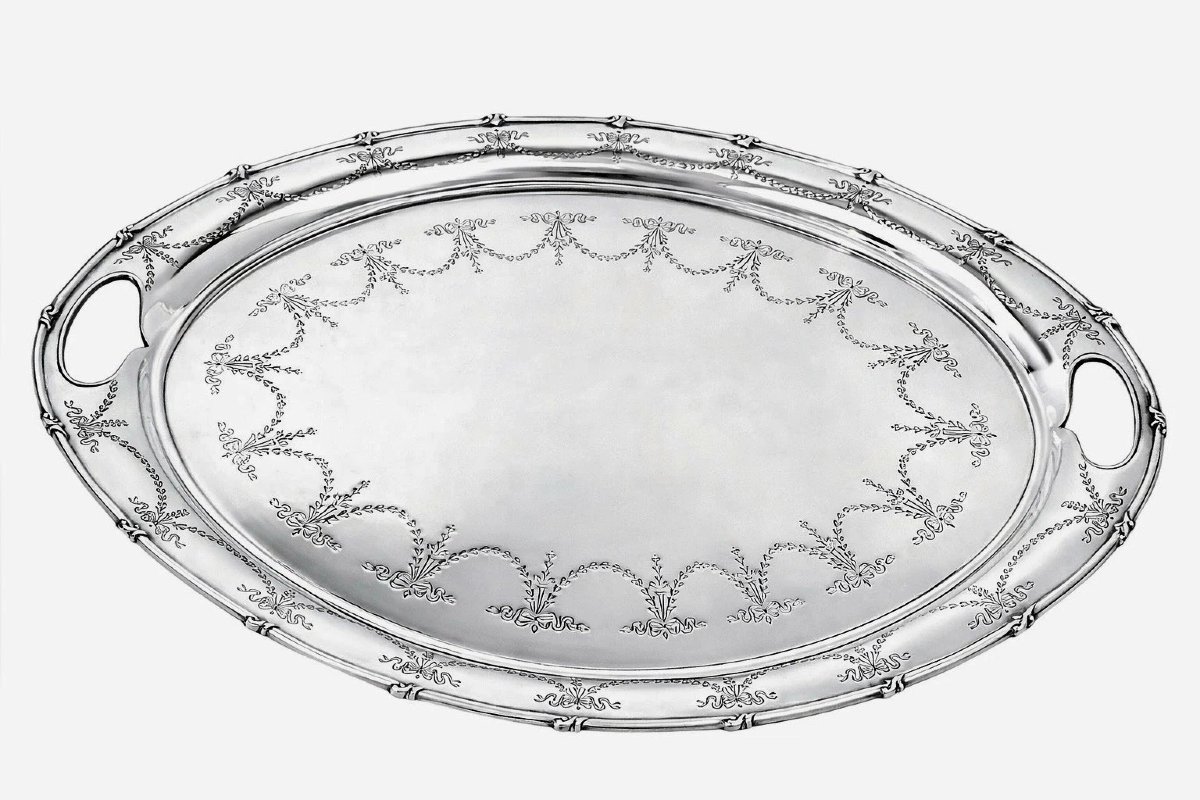 A Large Antique Engraved Sterling Silver Oval Tray Harrison Bros Sheffield 1912-photo-5