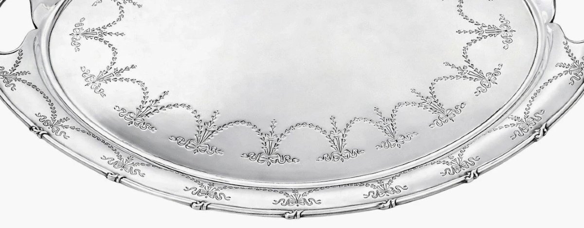 A Large Antique Engraved Sterling Silver Oval Tray Harrison Bros Sheffield 1912-photo-6