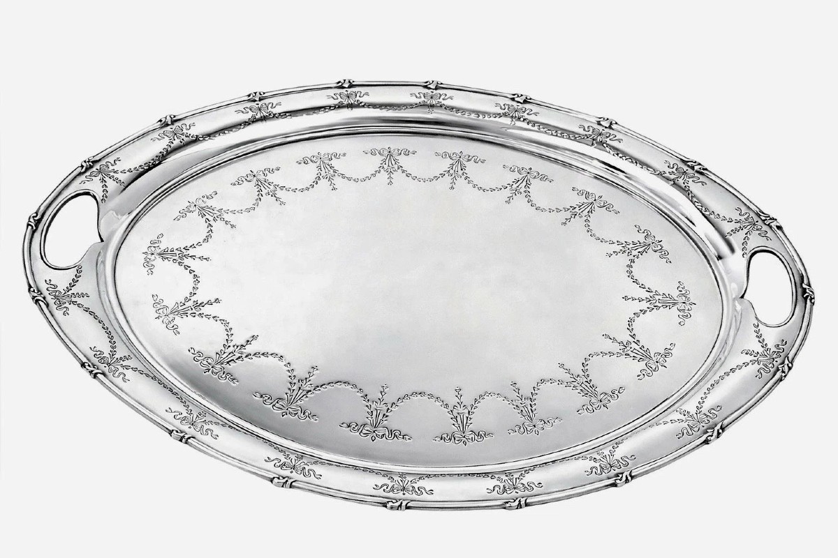 A Large Antique Engraved Sterling Silver Oval Tray Harrison Bros Sheffield 1912