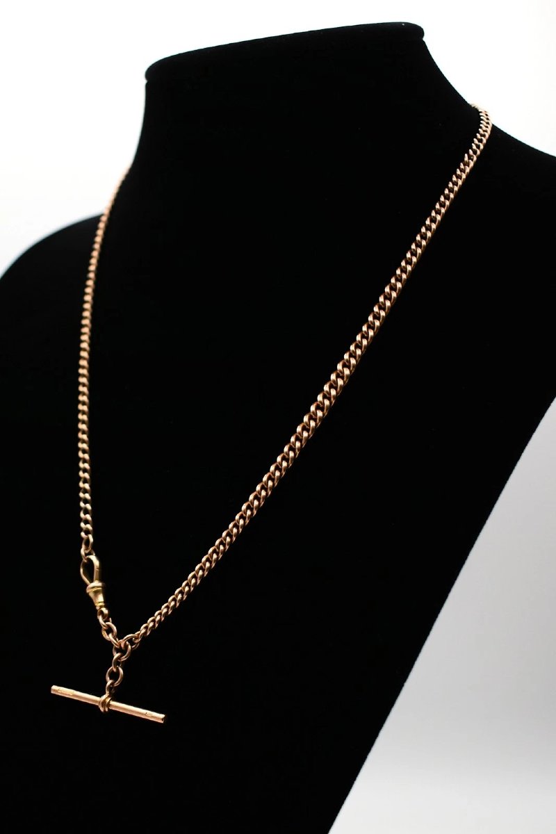 Collier Albert ancien de style édouardien en or rose 9 carats, maille gourmette, 56 cm de long,-photo-2