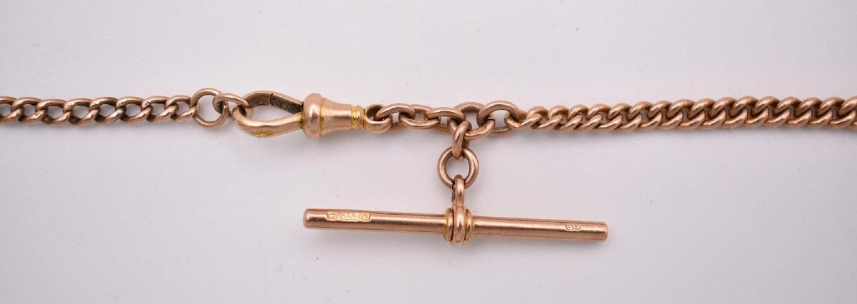 Collier Albert ancien de style édouardien en or rose 9 carats, maille gourmette, 56 cm de long,-photo-3