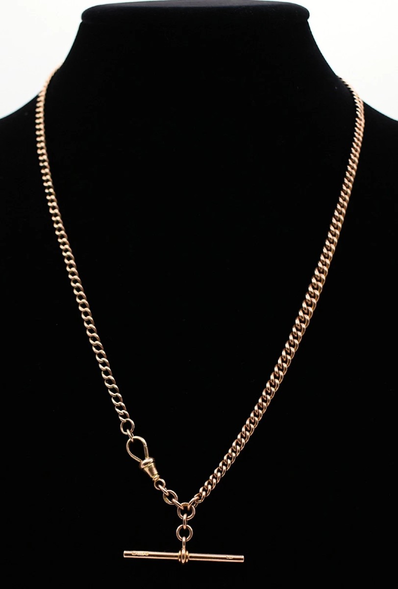 Collier Albert ancien de style édouardien en or rose 9 carats, maille gourmette, 56 cm de long,