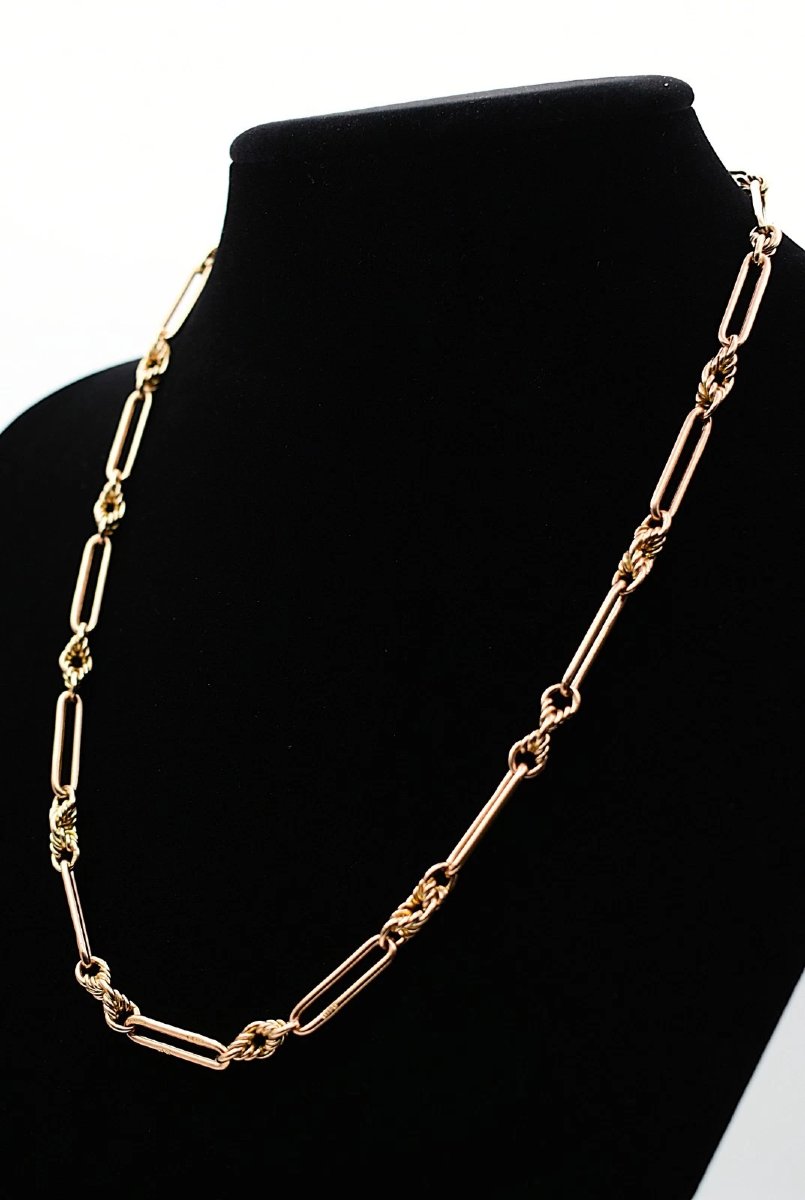 Antique 9ct Rose Gold Albert Chain Necklace Trombone Fetter & Knot Link C1900-photo-2