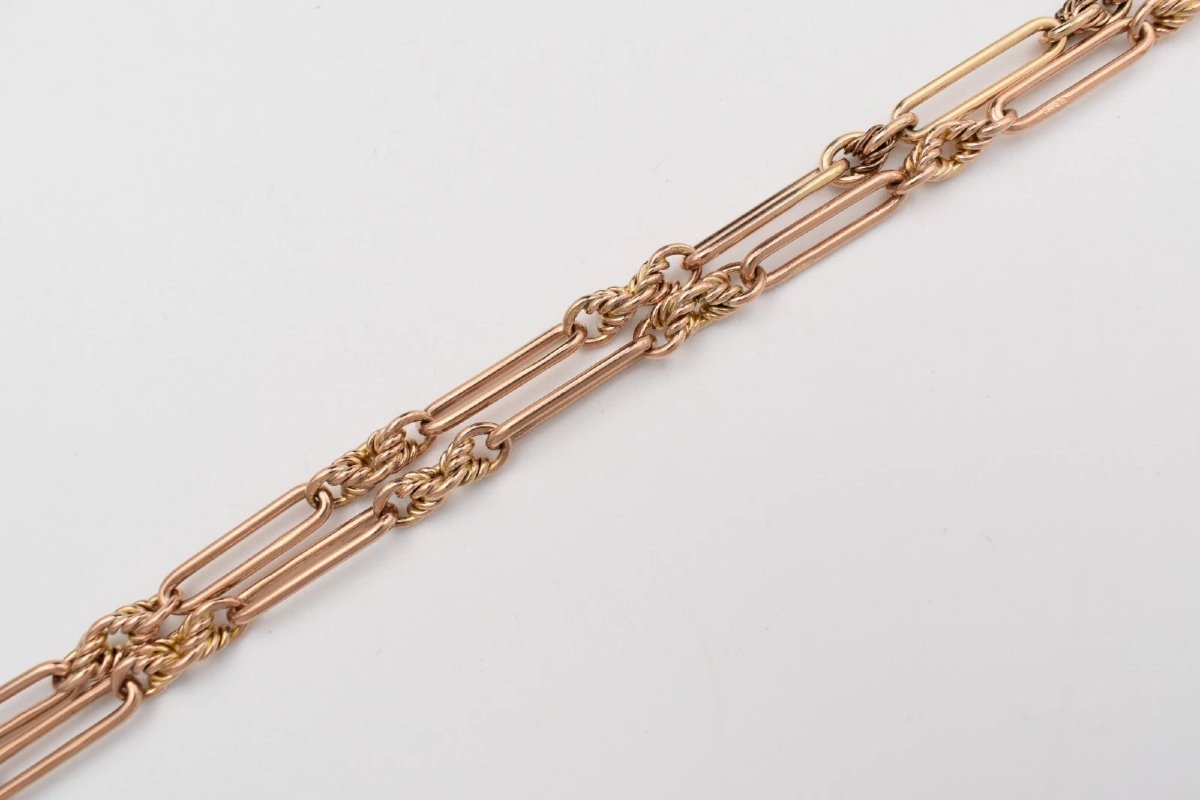 Antique 9ct Rose Gold Albert Chain Necklace Trombone Fetter & Knot Link C1900-photo-3