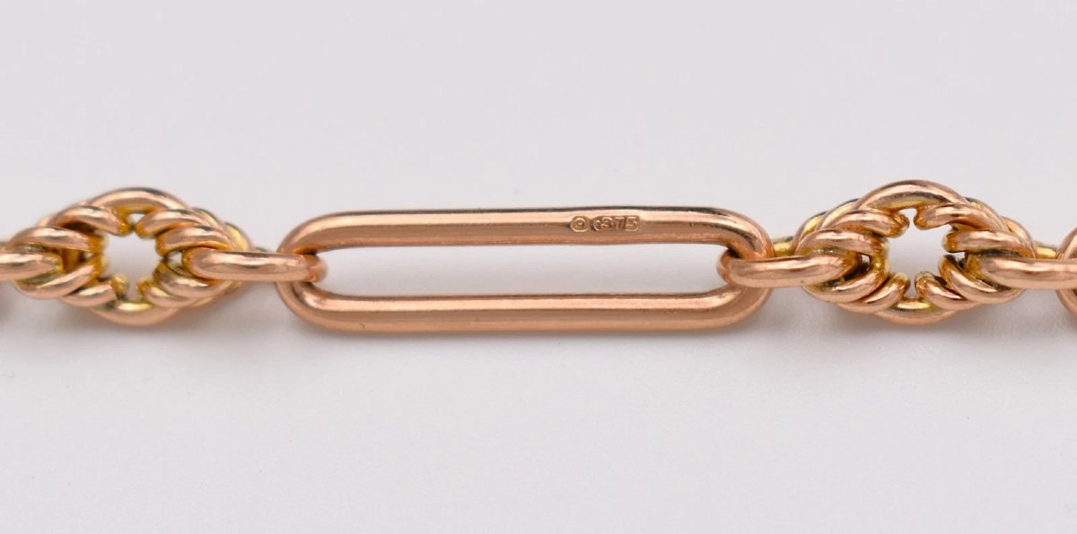 Antique 9ct Rose Gold Albert Chain Necklace Trombone Fetter & Knot Link C1900-photo-1