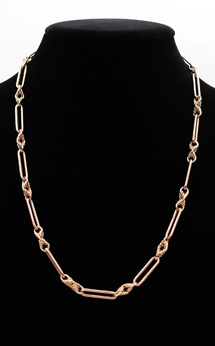 Antique 9ct Rose Gold Albert Chain Necklace Trombone Fetter & Knot Link C1900
