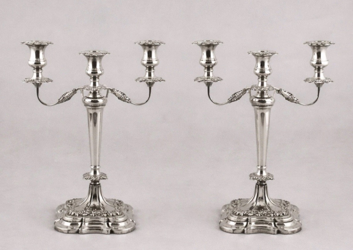 Large Pair Of Vintage Sterling Silver Three-light Candelabras-photo-2