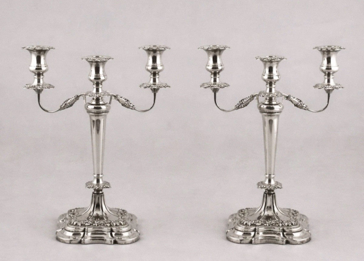 Large Pair Of Vintage Sterling Silver Three-light Candelabras-photo-8