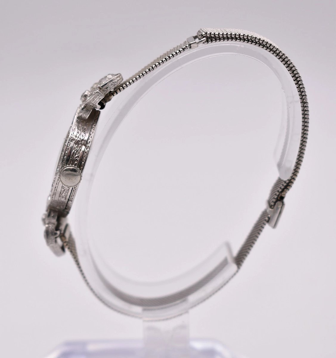 Art Deco Platinum 2.00 Ct Diamond Cocktail Watch 18k White Gold Mesh Bracelet-photo-2