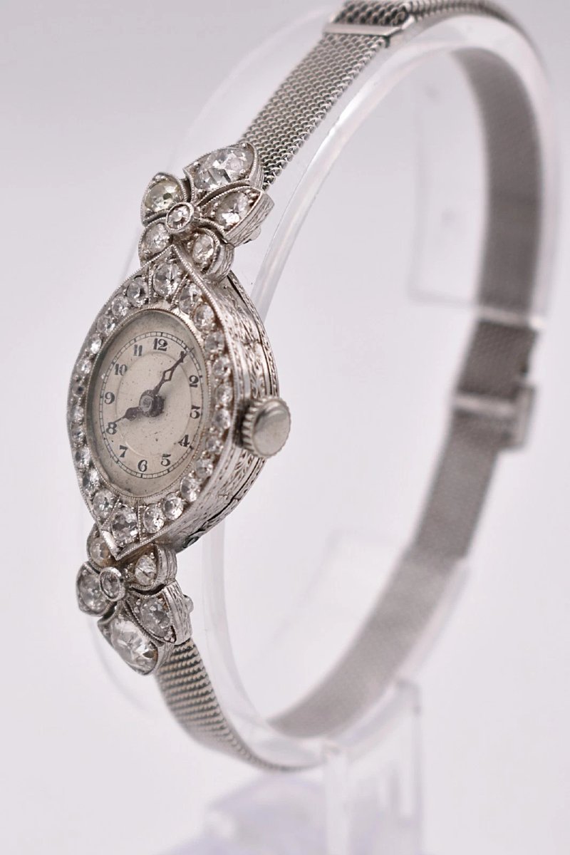Art Deco Platinum 2.00 Ct Diamond Cocktail Watch 18k White Gold Mesh Bracelet-photo-3