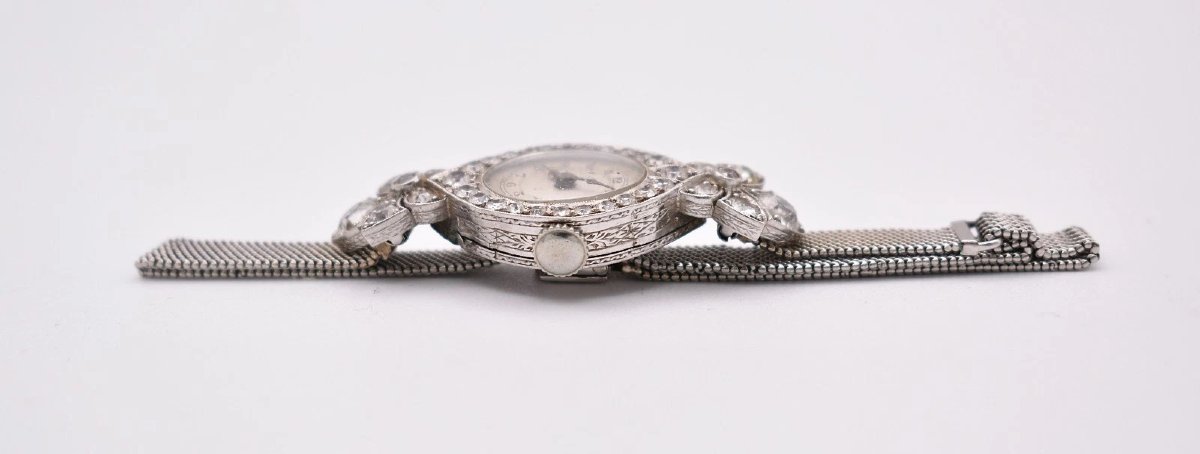 Art Deco Platinum 2.00 Ct Diamond Cocktail Watch 18k White Gold Mesh Bracelet-photo-2