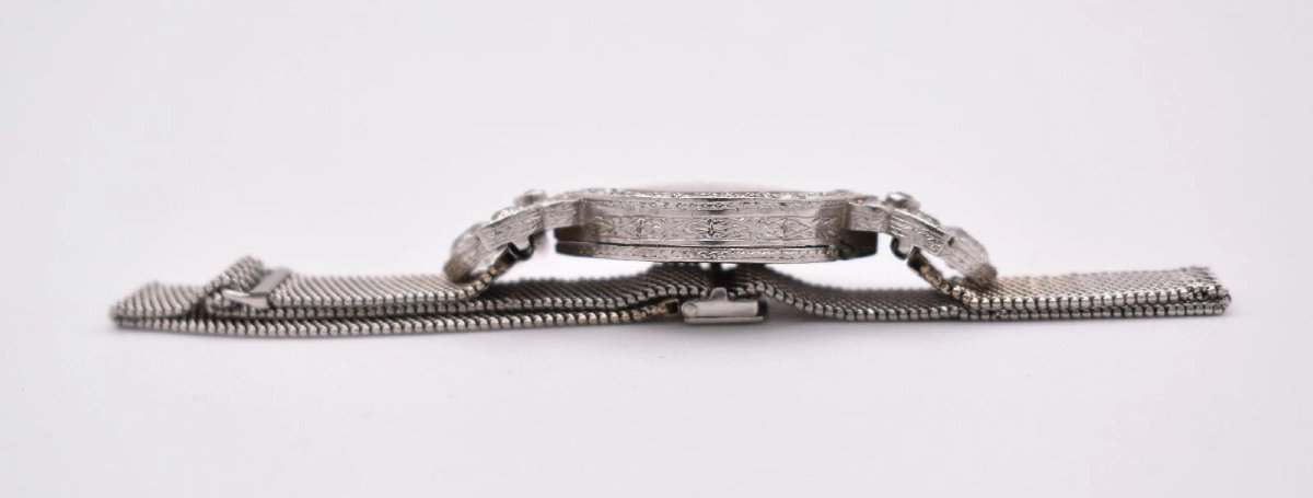 Art Deco Platinum 2.00 Ct Diamond Cocktail Watch 18k White Gold Mesh Bracelet-photo-3