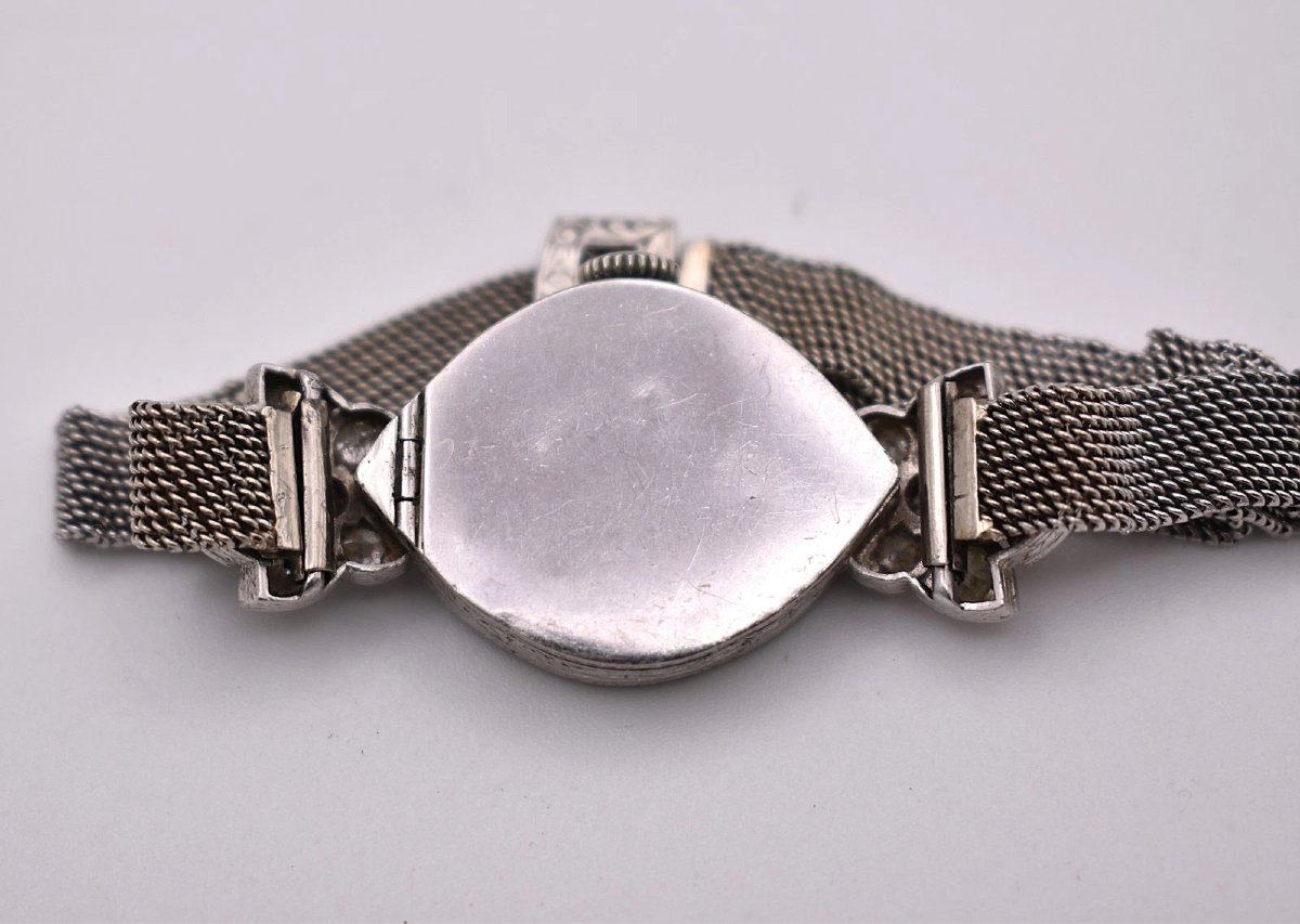 Art Deco Platinum 2.00 Ct Diamond Cocktail Watch 18k White Gold Mesh Bracelet-photo-4